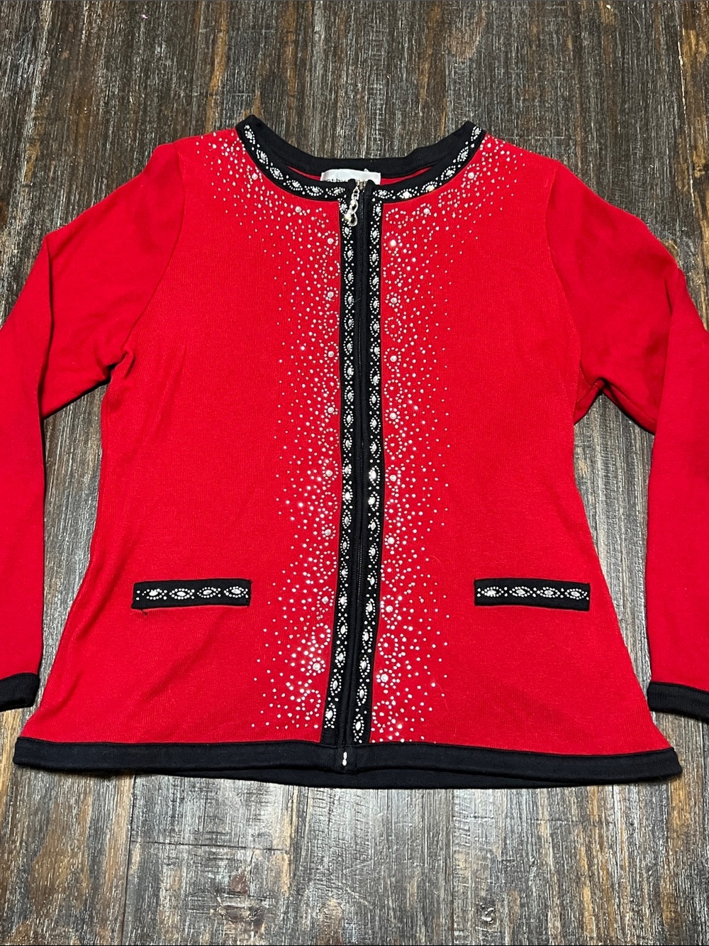 Cathy Daniels Red Jacket with Black Trim and Crystal Accents